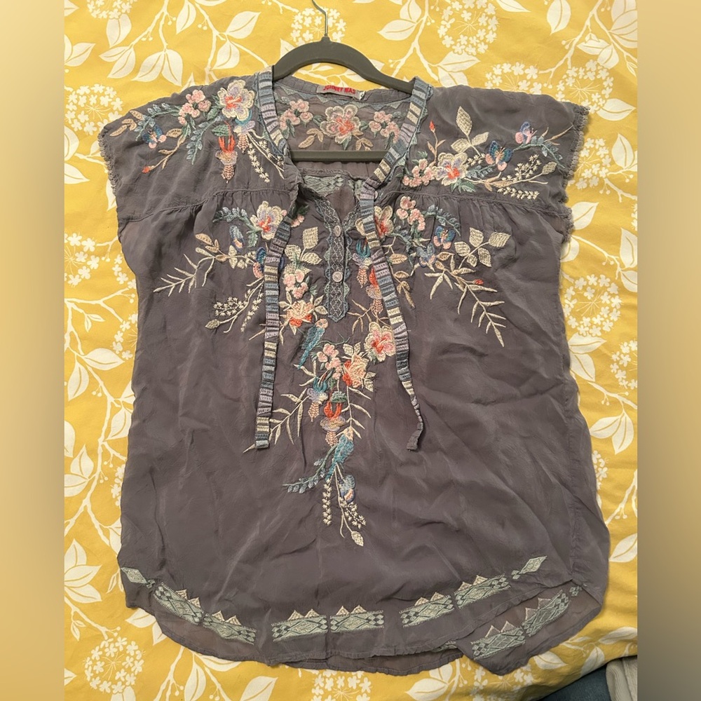 Johnny Was Charcoal Floral Embroidered Blouse